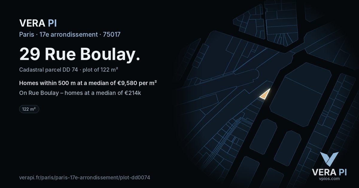 29 Rue Boulay, 17e arrondissement at night – the plot lit, the parcels around coloured by the prices near them