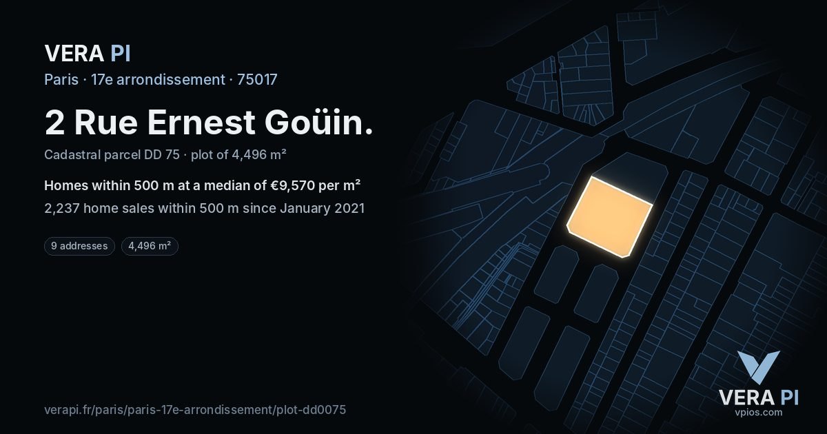 2 Rue Ernest Goüin, 17e arrondissement at night – the plot lit, the parcels around coloured by the prices near them