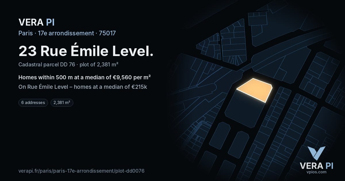 23 Rue Émile Level, 17e arrondissement at night – the plot lit, the parcels around coloured by the prices near them