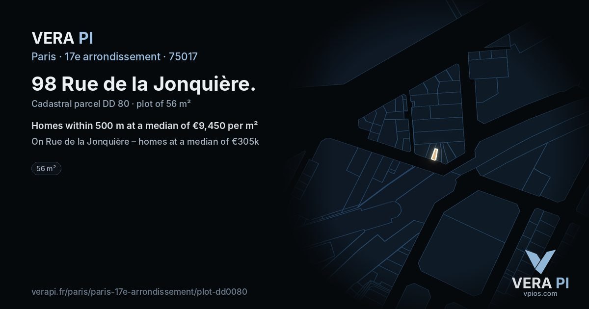 98 Rue de la Jonquière, 17e arrondissement at night – the plot lit, the parcels around coloured by the prices near them