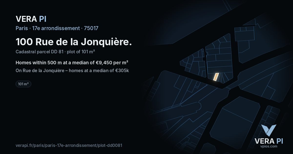 100 Rue de la Jonquière, 17e arrondissement at night – the plot lit, the parcels around coloured by the prices near them