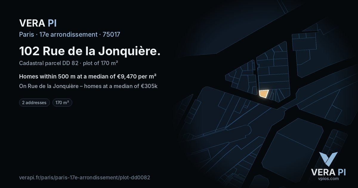 102 Rue de la Jonquière, 17e arrondissement at night – the plot lit, the parcels around coloured by the prices near them