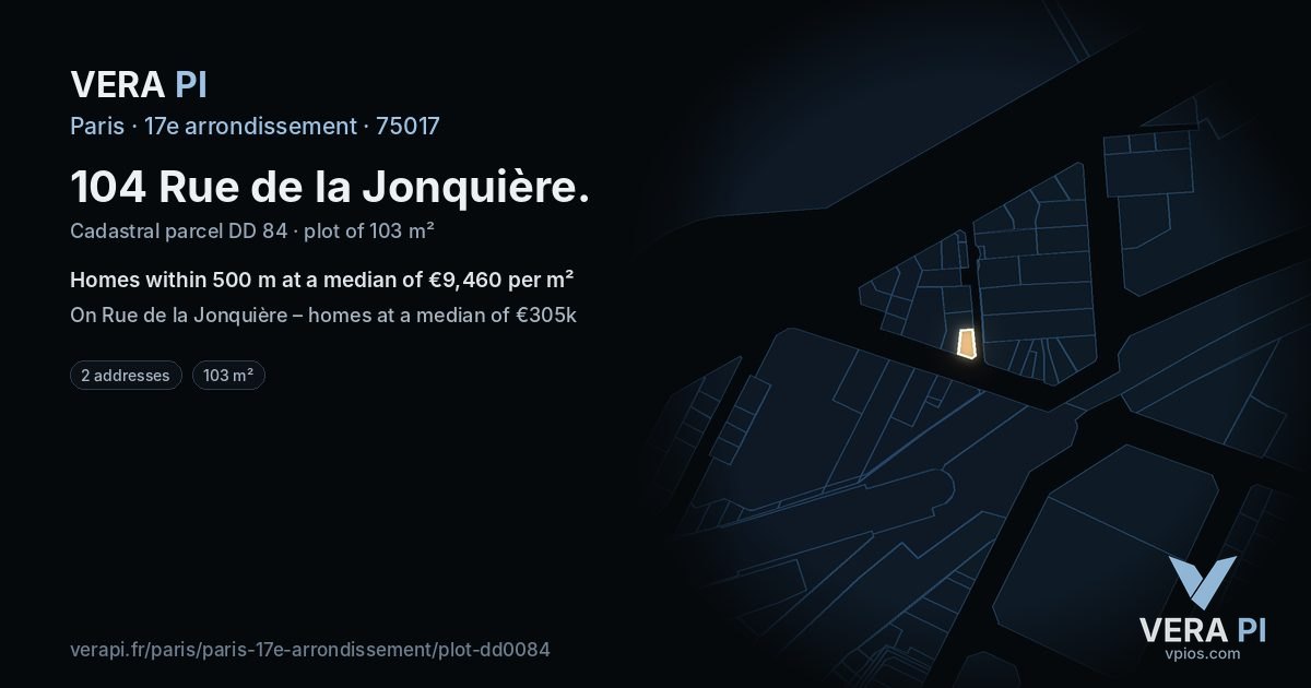 104 Rue de la Jonquière, 17e arrondissement at night – the plot lit, the parcels around coloured by the prices near them