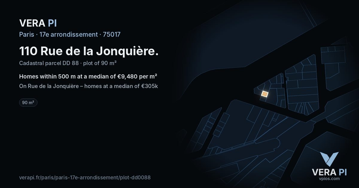 110 Rue de la Jonquière, 17e arrondissement at night – the plot lit, the parcels around coloured by the prices near them