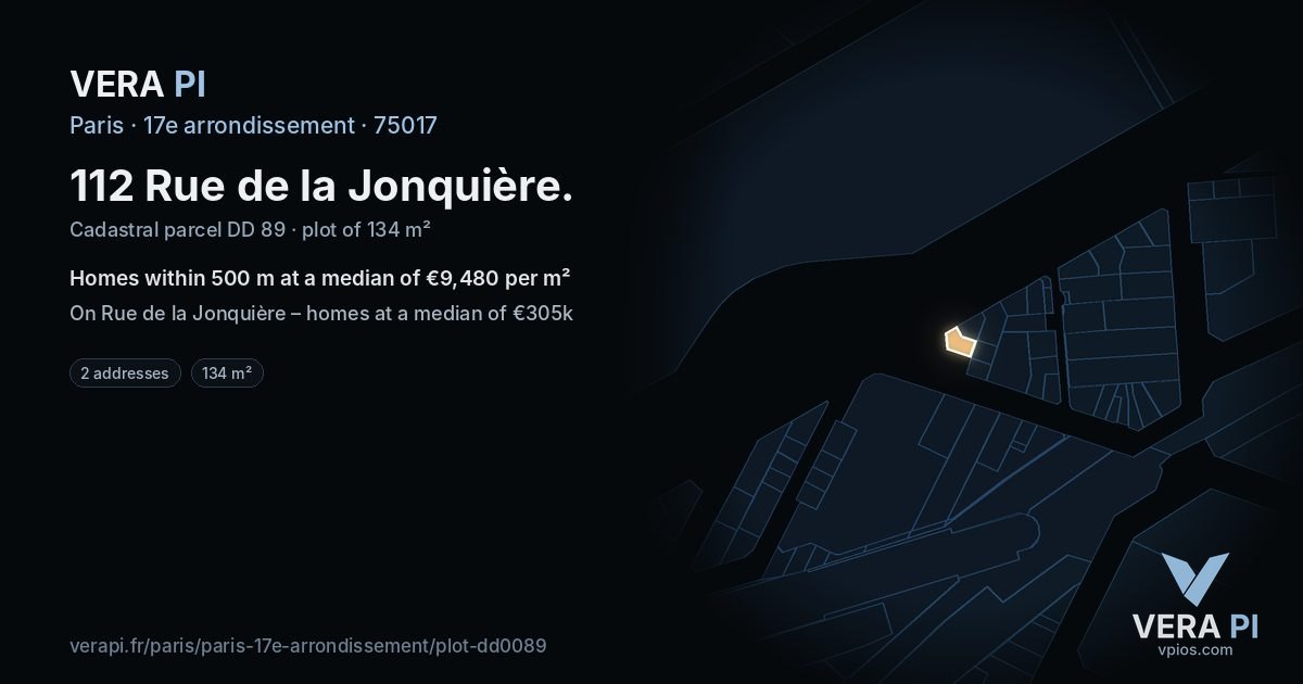 112 Rue de la Jonquière, 17e arrondissement at night – the plot lit, the parcels around coloured by the prices near them