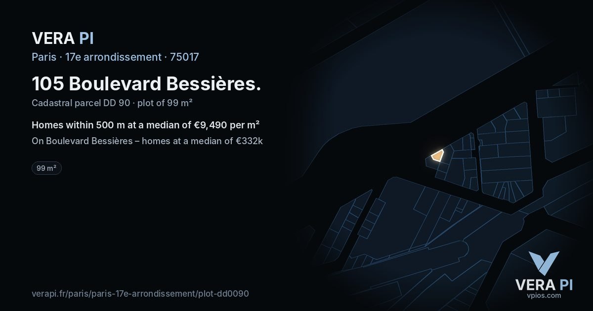 105 Boulevard Bessières, 17e arrondissement at night – the plot lit, the parcels around coloured by the prices near them