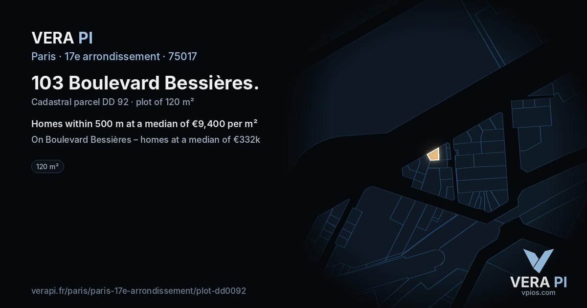 103 Boulevard Bessières, 17e arrondissement at night – the plot lit, the parcels around coloured by the prices near them