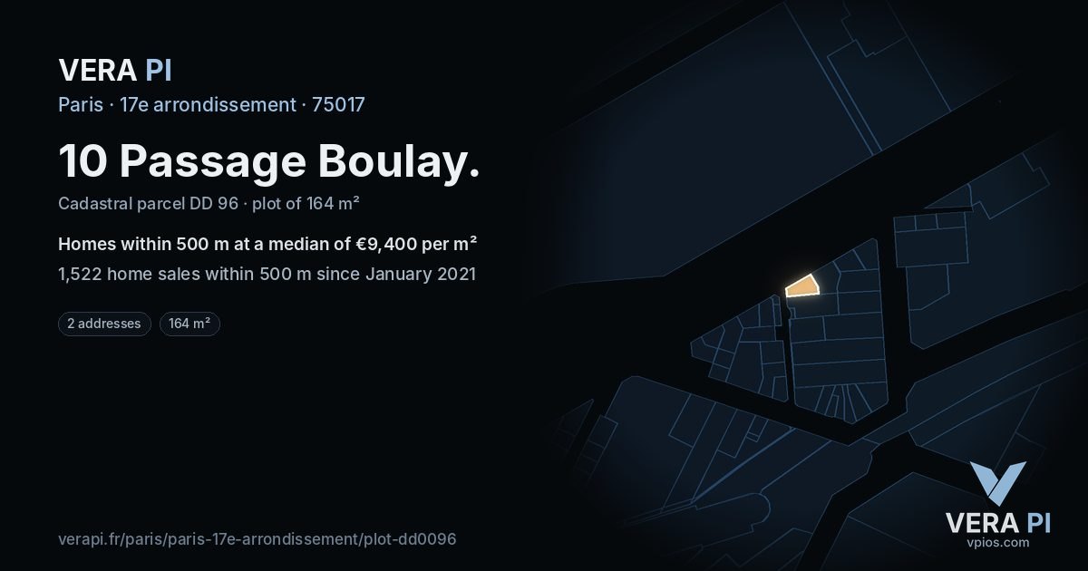 10 Passage Boulay, 17e arrondissement at night – the plot lit, the parcels around coloured by the prices near them