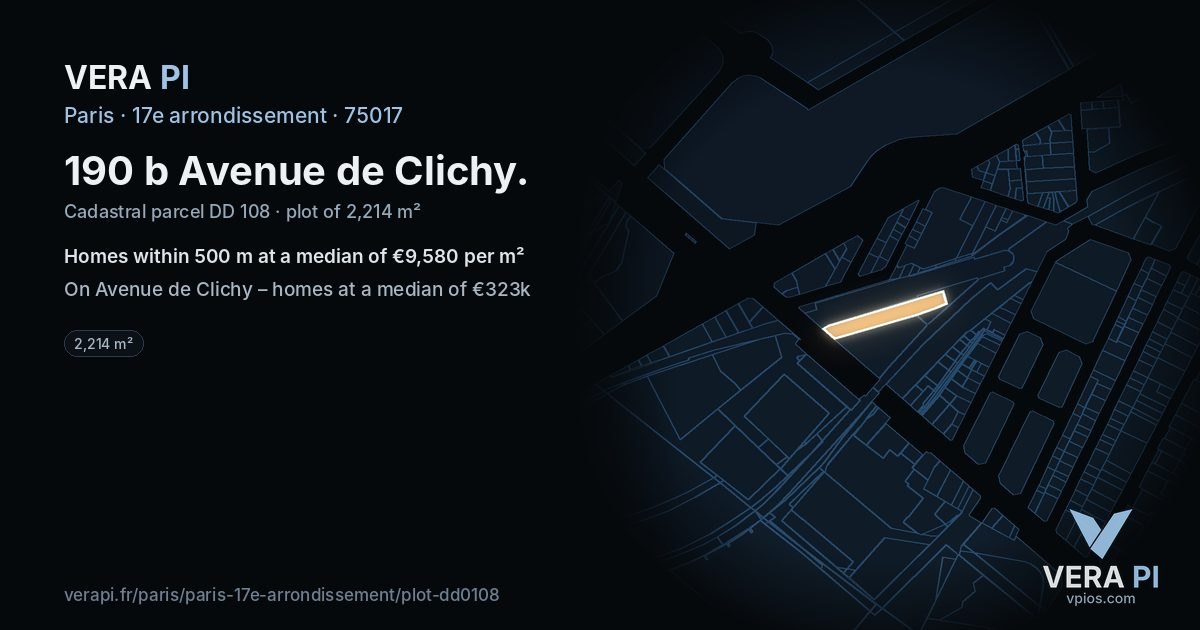 190 b Avenue de Clichy, 17e arrondissement at night – the plot lit, the parcels around coloured by the prices near them
