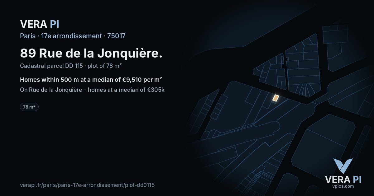 89 Rue de la Jonquière, 17e arrondissement at night – the plot lit, the parcels around coloured by the prices near them
