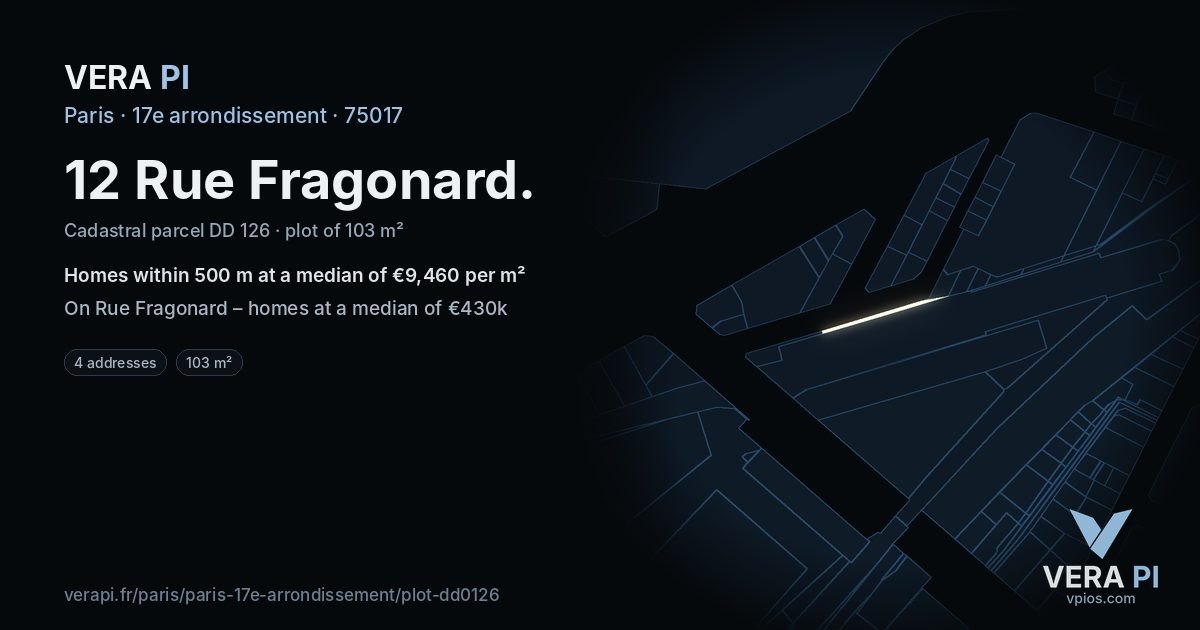 12 Rue Fragonard, 17e arrondissement at night – the plot lit, the parcels around coloured by the prices near them