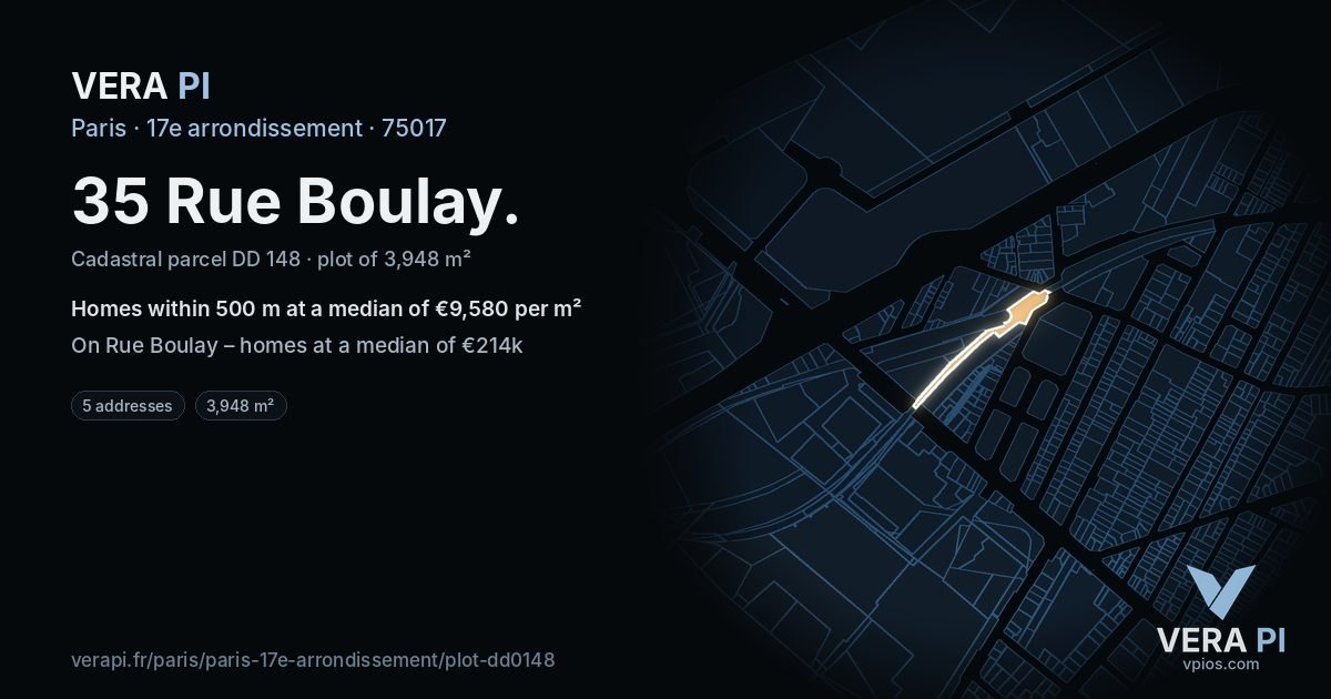35 Rue Boulay, 17e arrondissement at night – the plot lit, the parcels around coloured by the prices near them