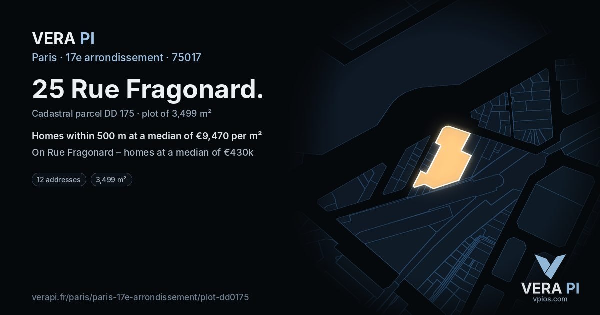 25 Rue Fragonard, 17e arrondissement at night – the plot lit, the parcels around coloured by the prices near them