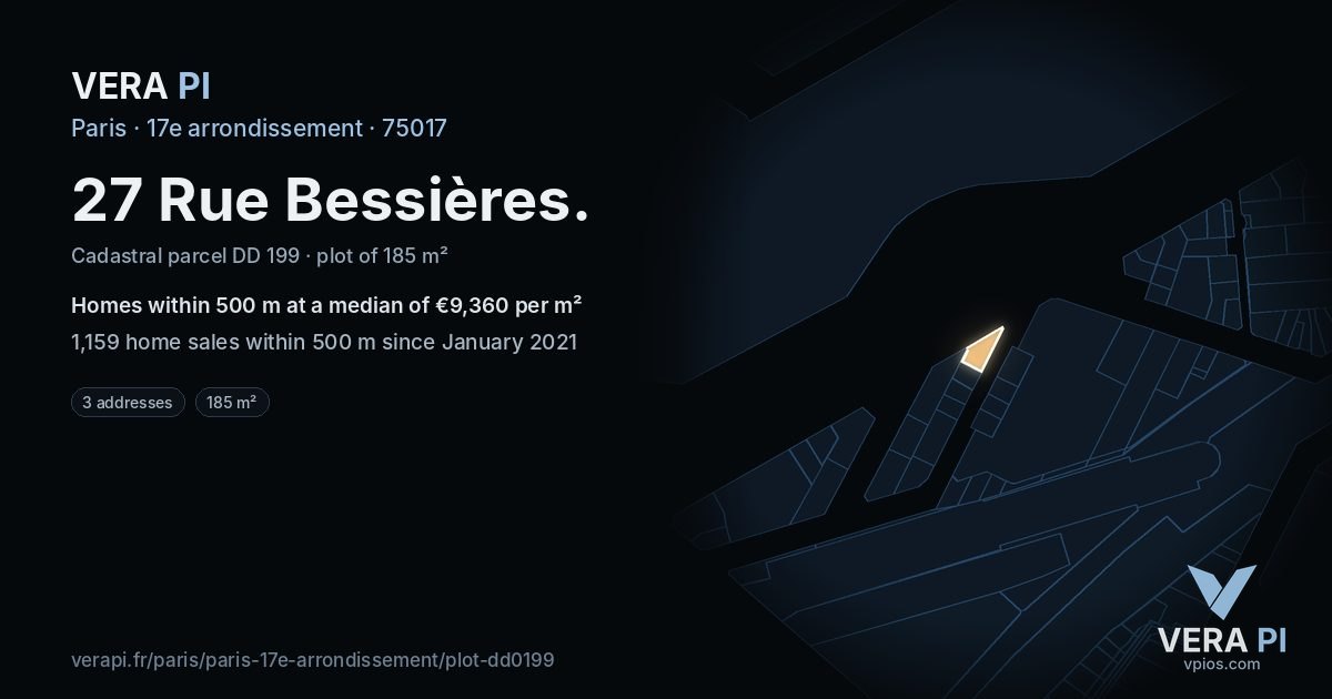 27 Rue Bessières, 17e arrondissement at night – the plot lit, the parcels around coloured by the prices near them