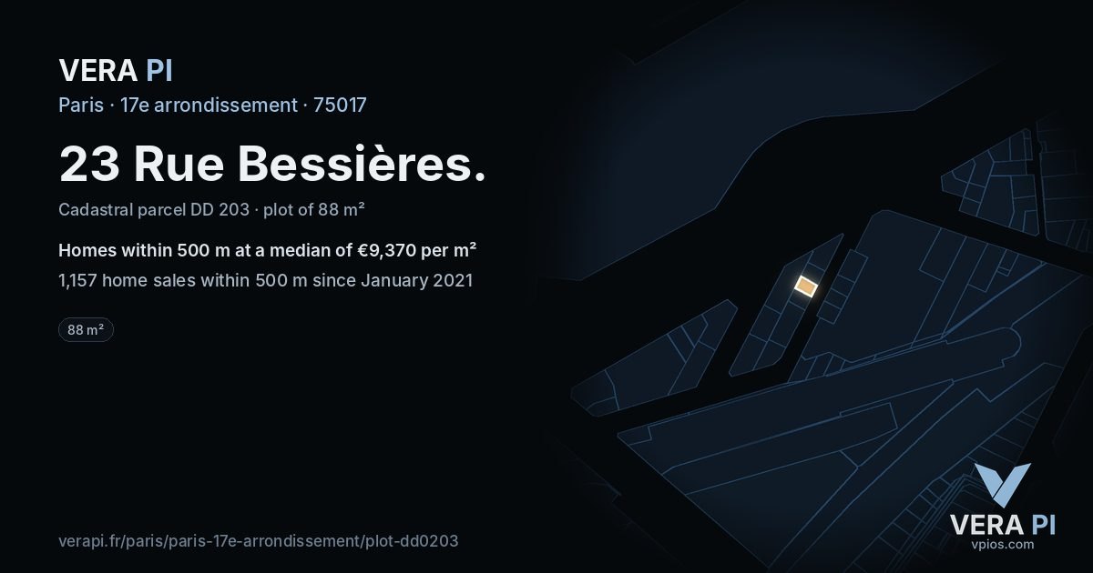 23 Rue Bessières, 17e arrondissement at night – the plot lit, the parcels around coloured by the prices near them