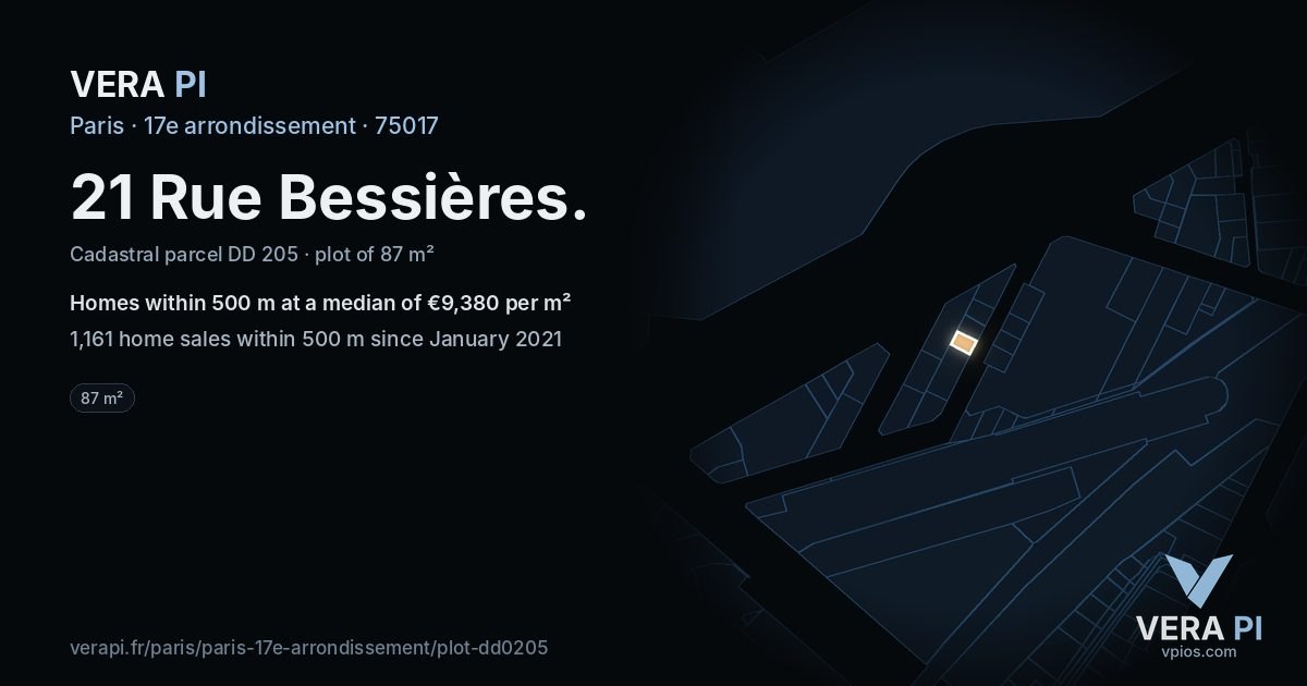 21 Rue Bessières, 17e arrondissement at night – the plot lit, the parcels around coloured by the prices near them