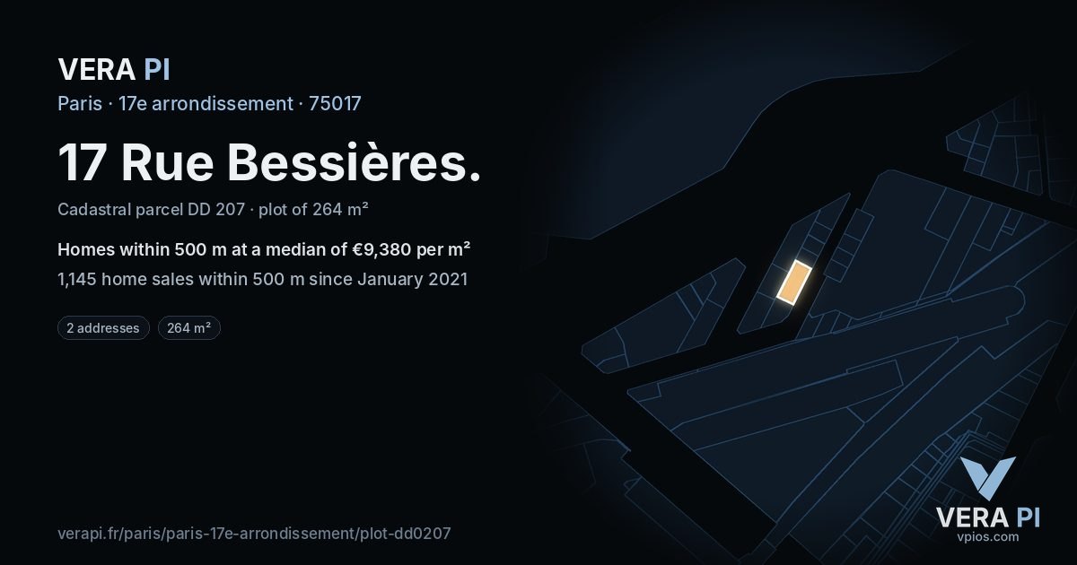 17 Rue Bessières, 17e arrondissement at night – the plot lit, the parcels around coloured by the prices near them