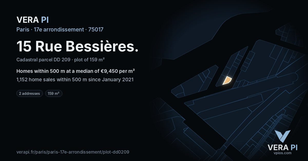 15 Rue Bessières, 17e arrondissement at night – the plot lit, the parcels around coloured by the prices near them