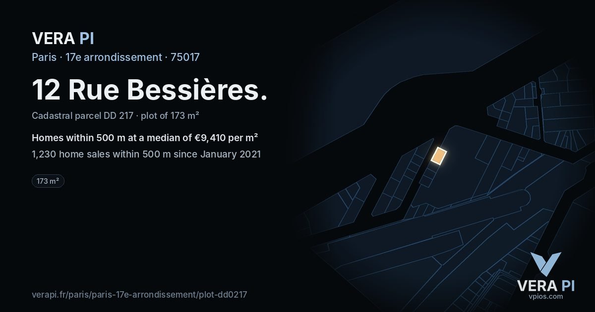 12 Rue Bessières, 17e arrondissement at night – the plot lit, the parcels around coloured by the prices near them