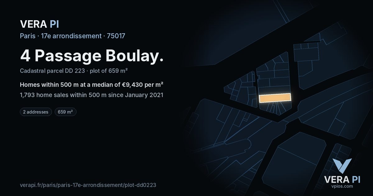 4 Passage Boulay, 17e arrondissement at night – the plot lit, the parcels around coloured by the prices near them