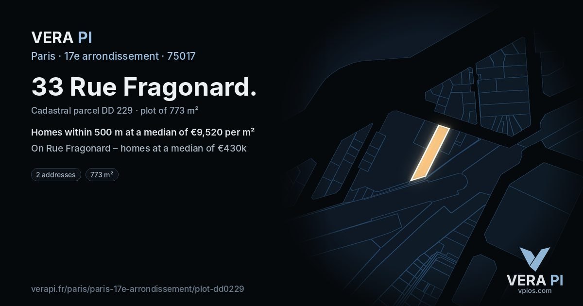 33 Rue Fragonard, 17e arrondissement at night – the plot lit, the parcels around coloured by the prices near them