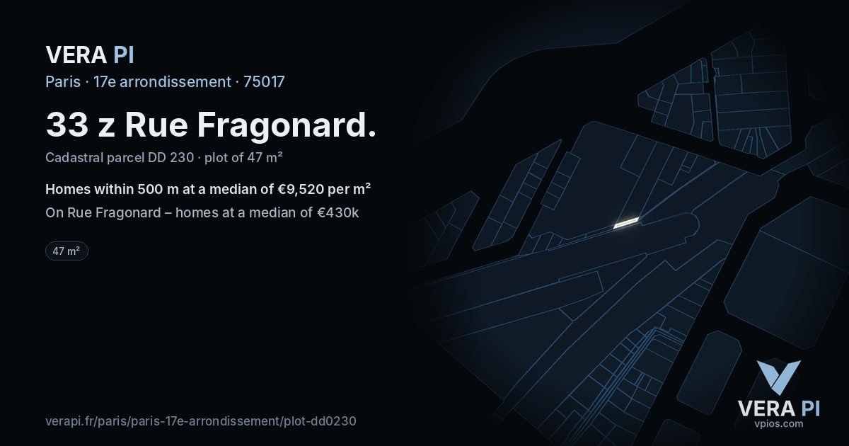 33 z Rue Fragonard, 17e arrondissement at night – the plot lit, the parcels around coloured by the prices near them