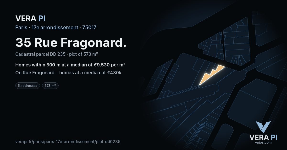35 Rue Fragonard, 17e arrondissement at night – the plot lit, the parcels around coloured by the prices near them