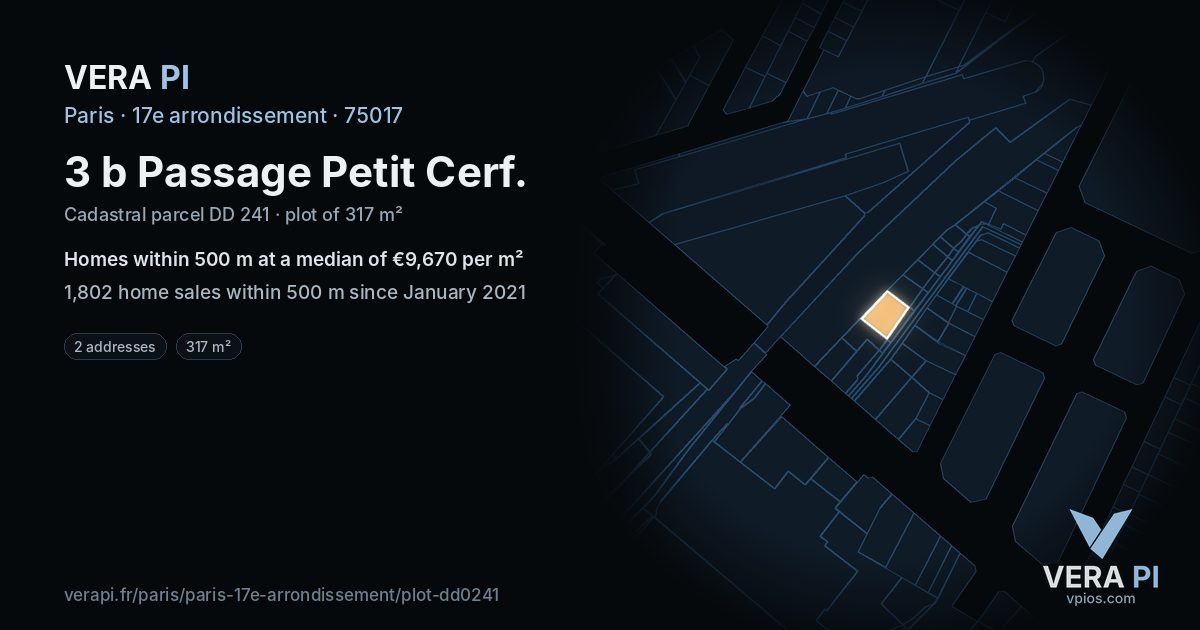 3 b Passage Petit Cerf, 17e arrondissement at night – the plot lit, the parcels around coloured by the prices near them