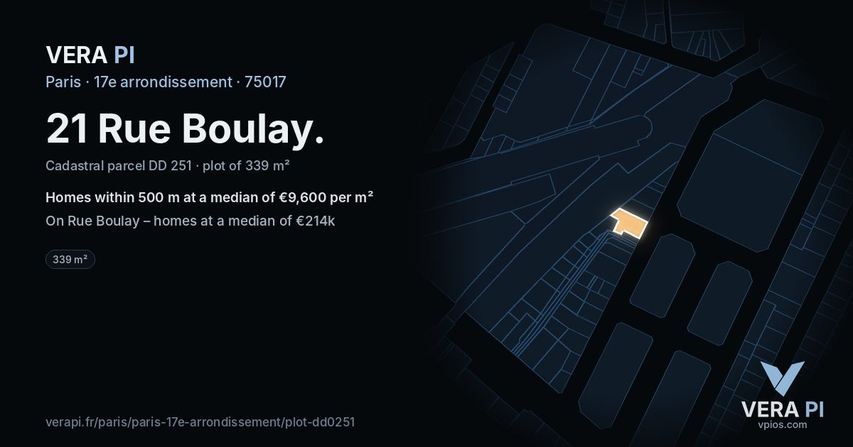 21 Rue Boulay, 17e arrondissement at night – the plot lit, the parcels around coloured by the prices near them