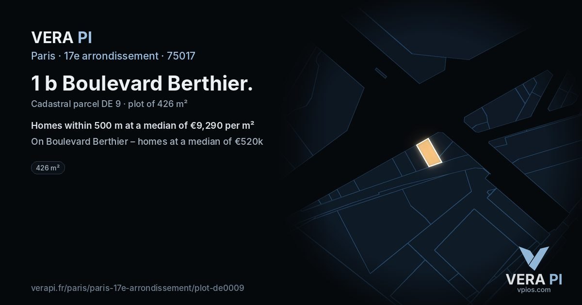 1 b Boulevard Berthier, 17e arrondissement at night – the plot lit, the parcels around coloured by the prices near them