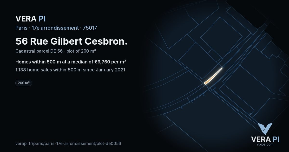 56 Rue Gilbert Cesbron, 17e arrondissement at night – the plot lit, the parcels around coloured by the prices near them