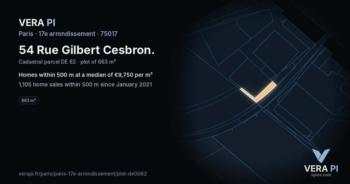 54 Rue Gilbert Cesbron, 17e arrondissement at night – the plot lit, the parcels around coloured by the prices near them