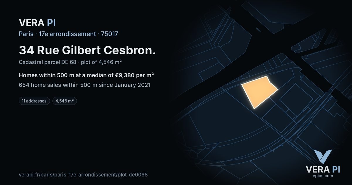 34 Rue Gilbert Cesbron, 17e arrondissement at night – the plot lit, the parcels around coloured by the prices near them