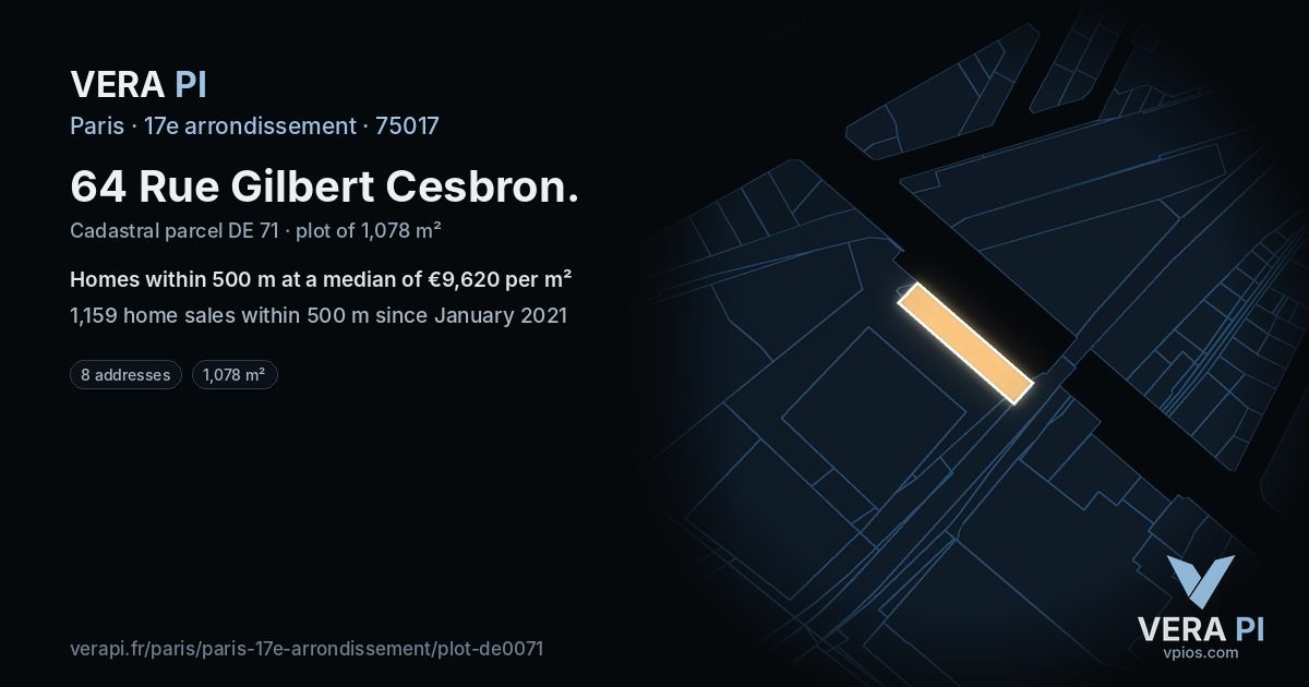 64 Rue Gilbert Cesbron, 17e arrondissement at night – the plot lit, the parcels around coloured by the prices near them