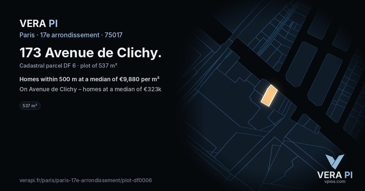 173 Avenue de Clichy, 17e arrondissement at night – the plot lit, the parcels around coloured by the prices near them