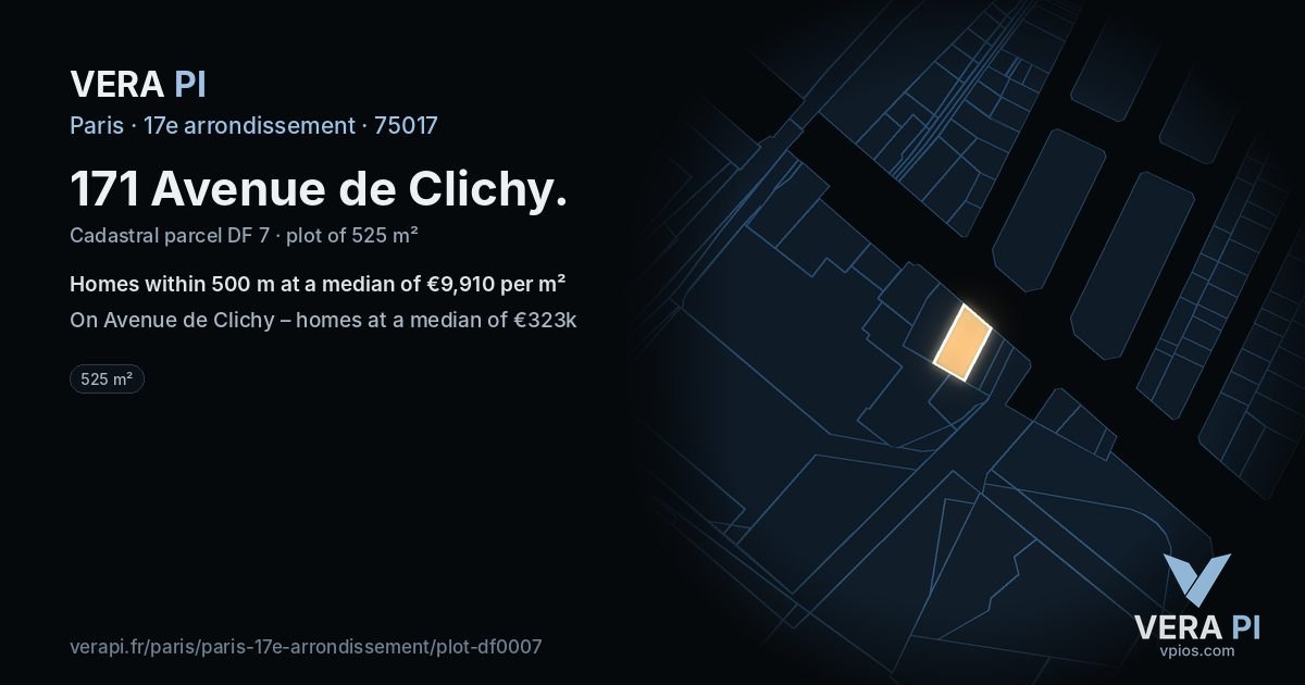 171 Avenue de Clichy, 17e arrondissement at night – the plot lit, the parcels around coloured by the prices near them