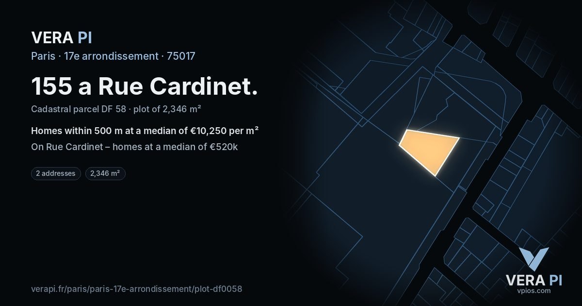 155 a Rue Cardinet, 17e arrondissement at night – the plot lit, the parcels around coloured by the prices near them