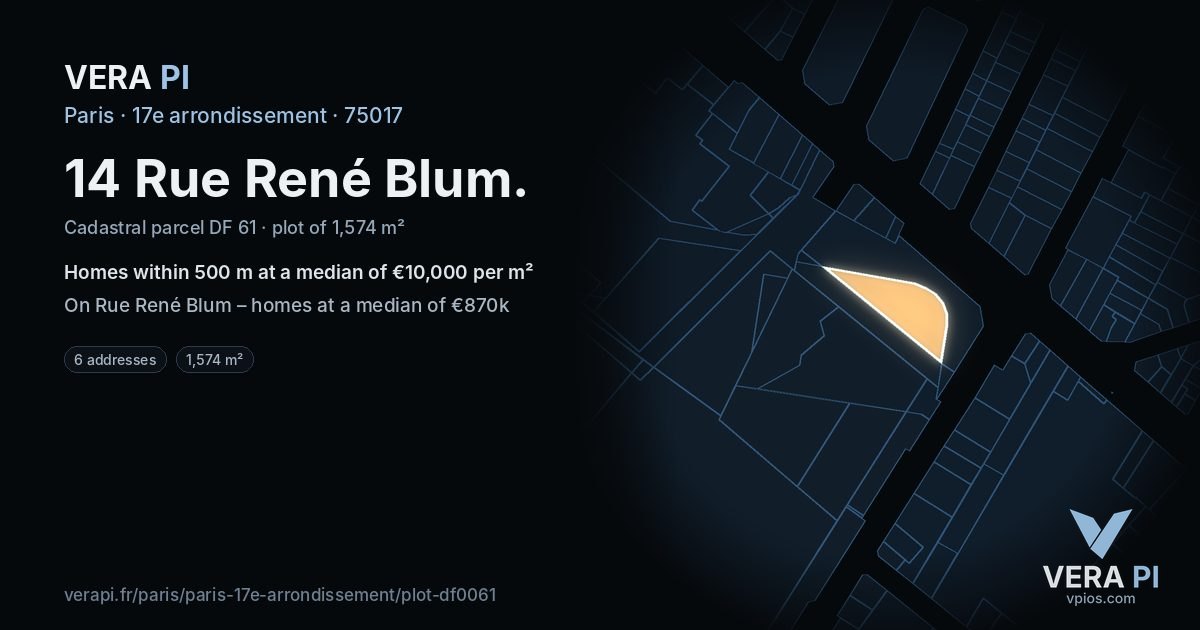 14 Rue René Blum, 17e arrondissement at night – the plot lit, the parcels around coloured by the prices near them