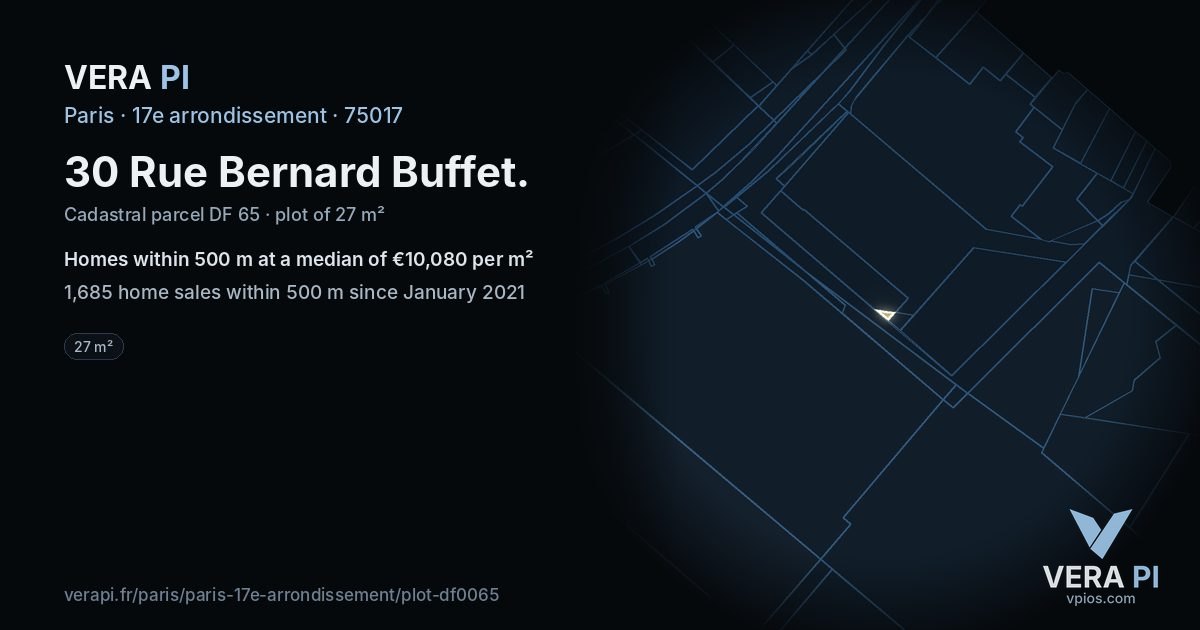 30 Rue Bernard Buffet, 17e arrondissement at night – the plot lit, the parcels around coloured by the prices near them