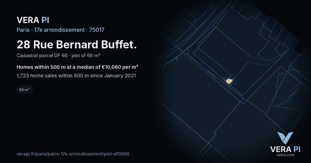 28 Rue Bernard Buffet, 17e arrondissement at night – the plot lit, the parcels around coloured by the prices near them