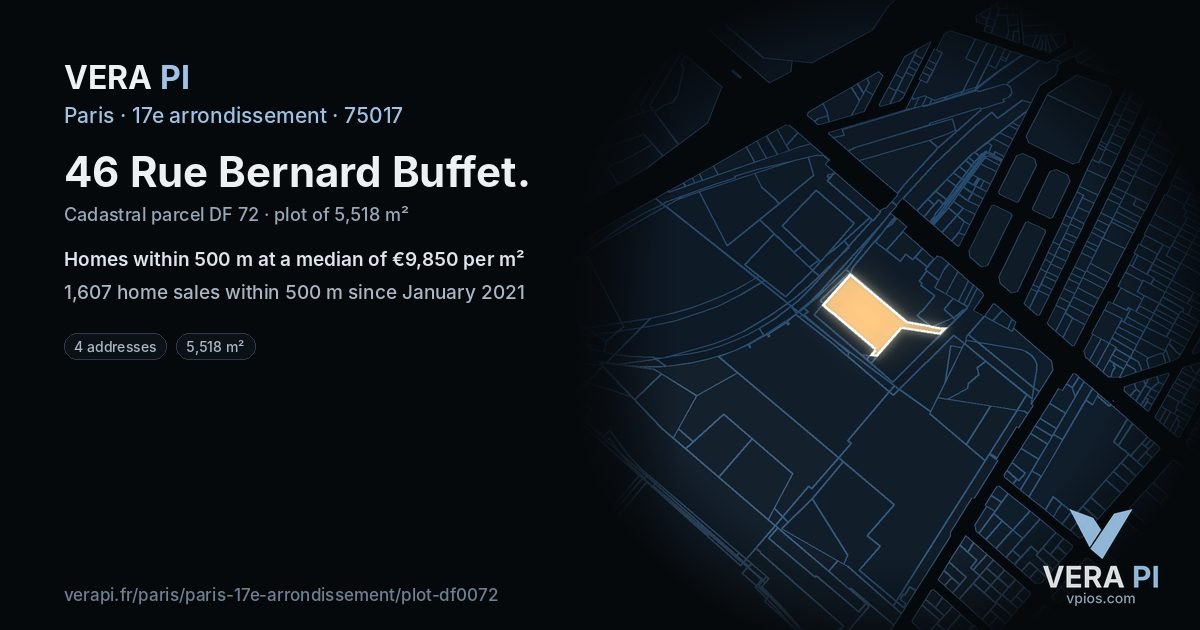46 Rue Bernard Buffet, 17e arrondissement at night – the plot lit, the parcels around coloured by the prices near them