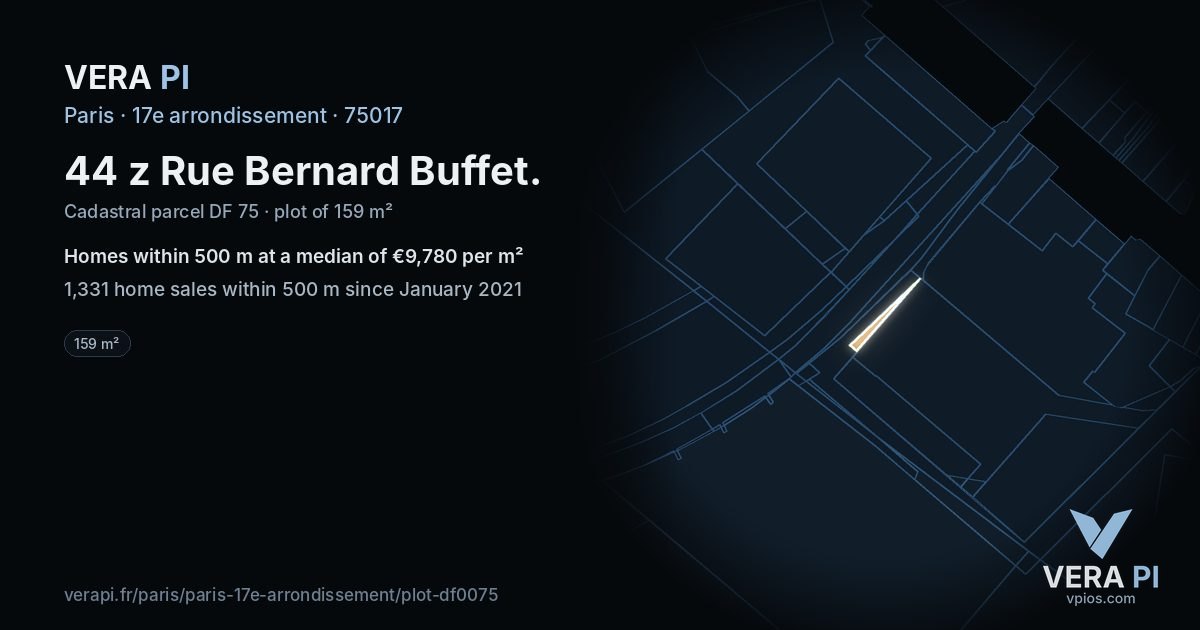 44 z Rue Bernard Buffet, 17e arrondissement at night – the plot lit, the parcels around coloured by the prices near them