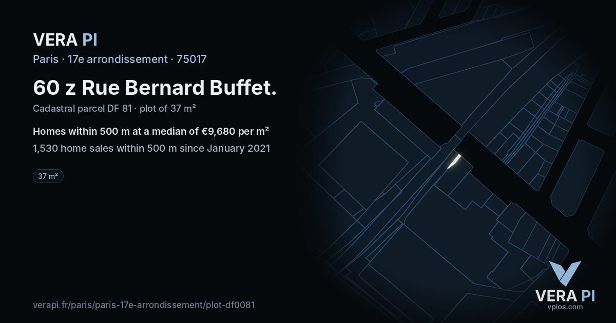 60 z Rue Bernard Buffet, 17e arrondissement at night – the plot lit, the parcels around coloured by the prices near them