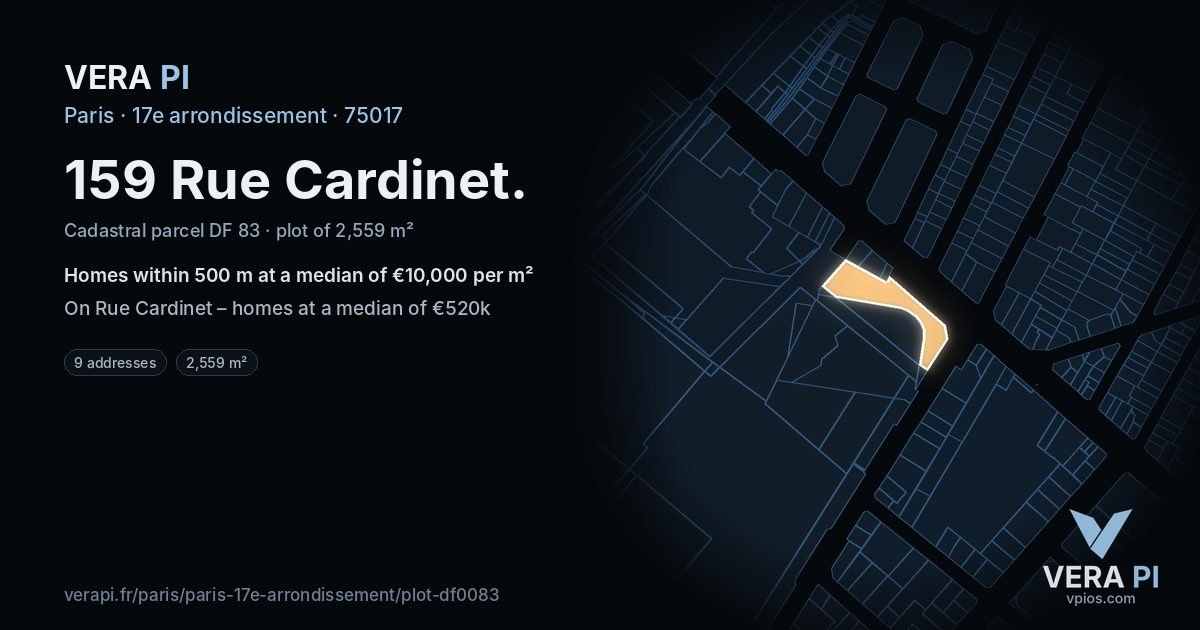 159 Rue Cardinet, 17e arrondissement at night – the plot lit, the parcels around coloured by the prices near them