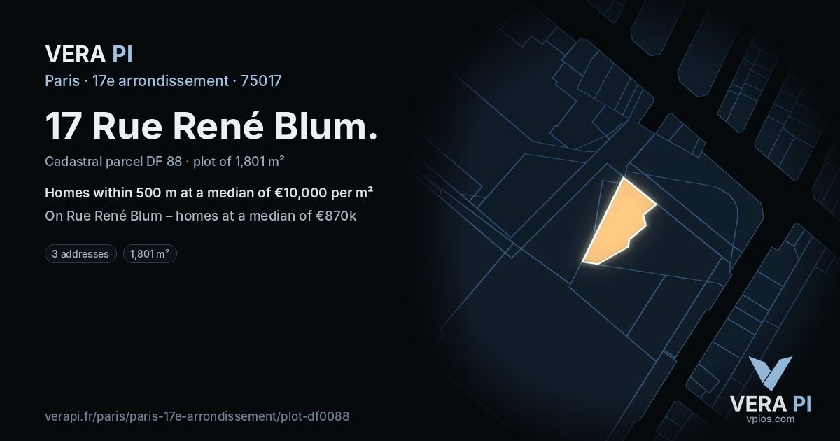 17 Rue René Blum, 17e arrondissement at night – the plot lit, the parcels around coloured by the prices near them