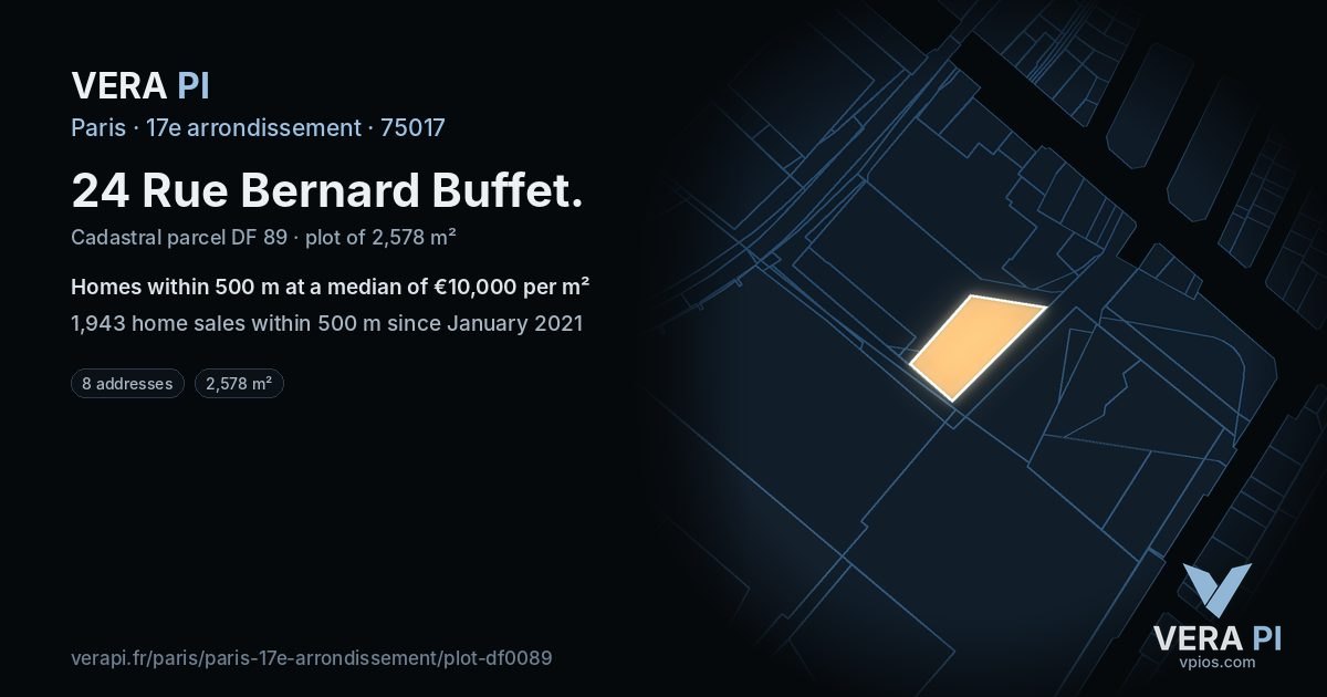 24 Rue Bernard Buffet, 17e arrondissement at night – the plot lit, the parcels around coloured by the prices near them