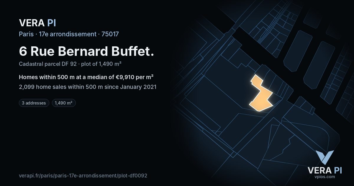 6 Rue Bernard Buffet, 17e arrondissement at night – the plot lit, the parcels around coloured by the prices near them