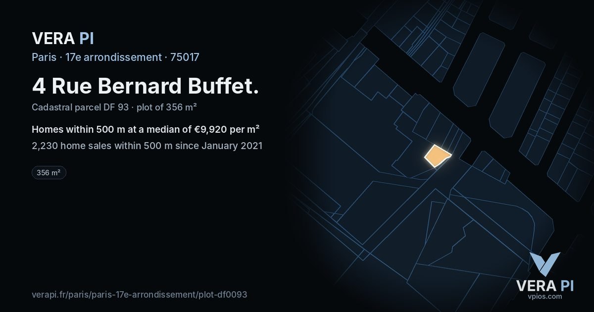 4 Rue Bernard Buffet, 17e arrondissement at night – the plot lit, the parcels around coloured by the prices near them