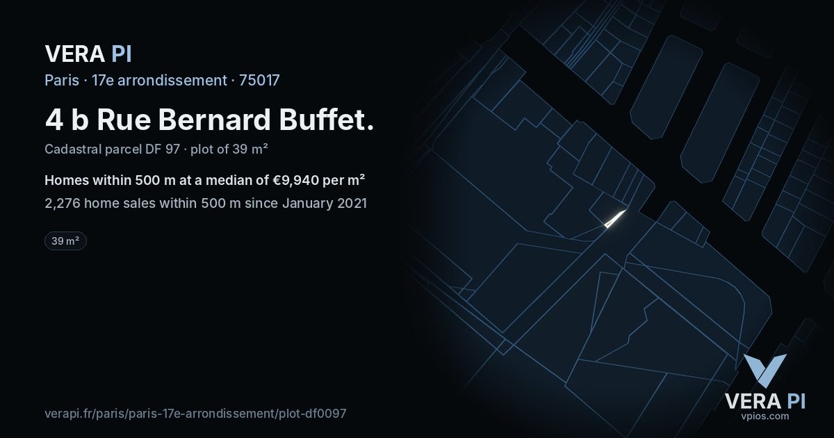 4 b Rue Bernard Buffet, 17e arrondissement at night – the plot lit, the parcels around coloured by the prices near them