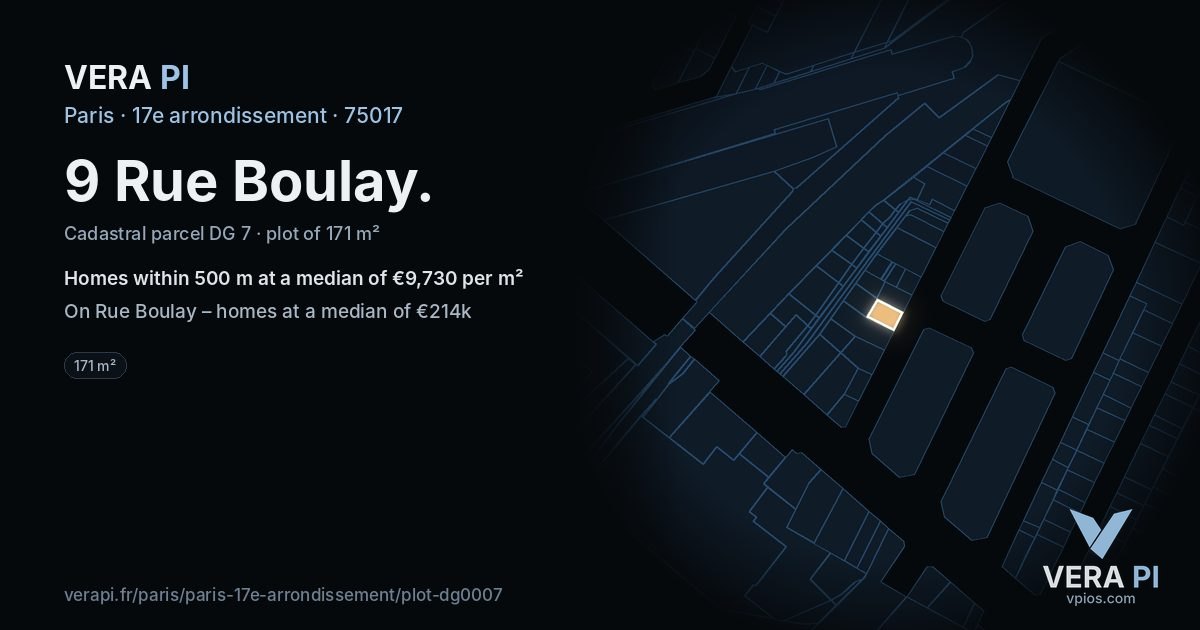 9 Rue Boulay, 17e arrondissement at night – the plot lit, the parcels around coloured by the prices near them